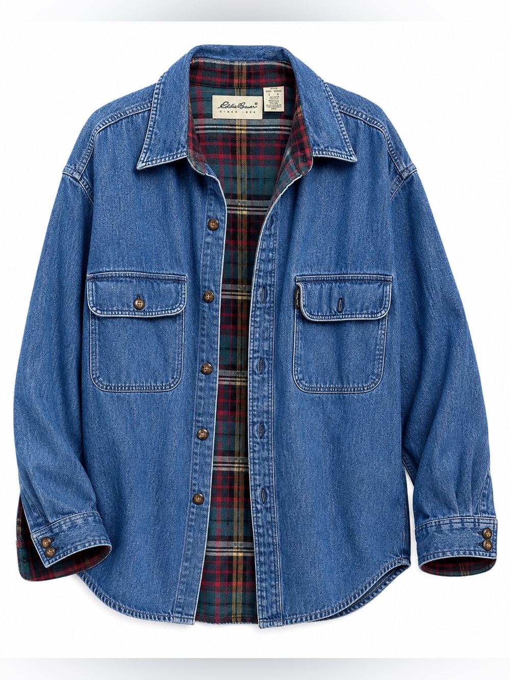 Vintage Eddie Bauer Denim Shirt Jacket L Plaid Lined 90s Barn Workwear Oversized
